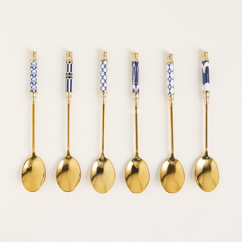 GLORIOUS CERAMIC HANDLE GOLD DESSERT SPOON AND FORK - Velart Home