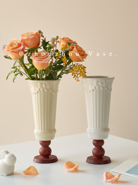French Vintage-Style Cream-Colored Relief-Carved Wooden Pedestal Vase - VELART HOME