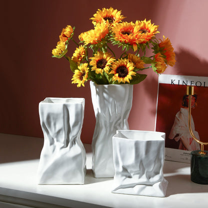 White Crumpled Ceramic Vase - VELART HOME