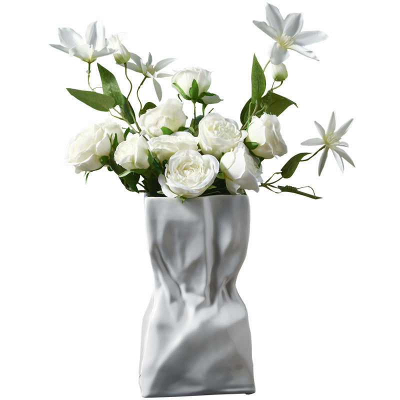 White Crumpled Ceramic Vase - VELART HOME