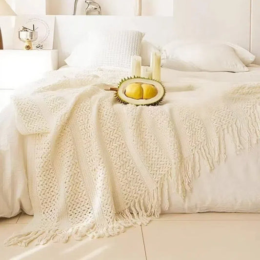 Cotton Knitted Blanket - Wavy Tassels - Velart Home